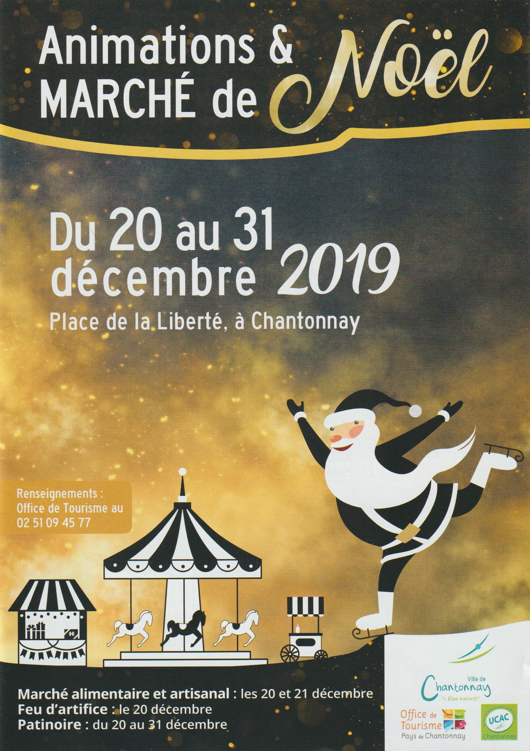 Affiche du marché de Noël de Chantonnay, père Noël dessiné faisant du patin à glace
